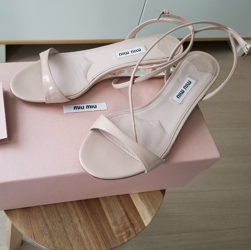 Miu Miu Crystal Embellished Sandal Nude Patent
